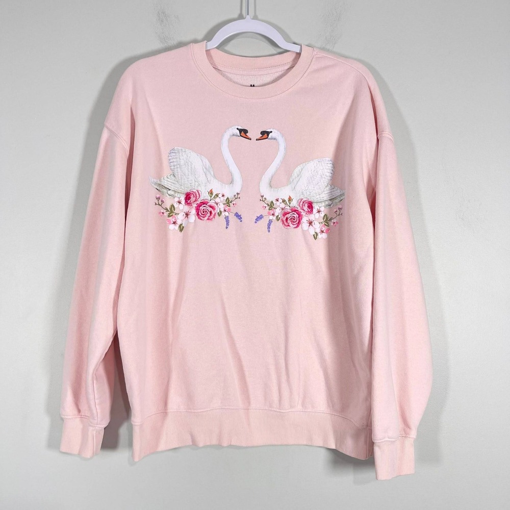 Goodie Two Sleeves Floral Swan Sweatshirt Wms Medium Pink Cottagecore Coquette